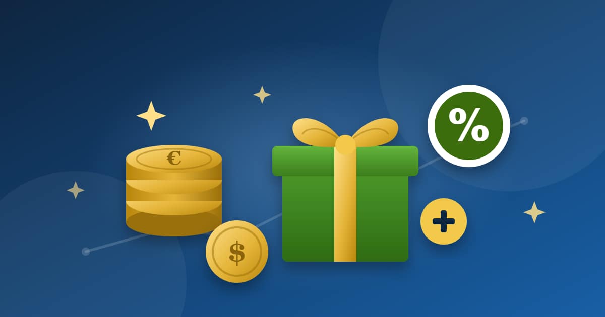 Gift box, a stack of euro coins, a dollar coin and a percent badge illustrating cash-back and sign-up bonuses