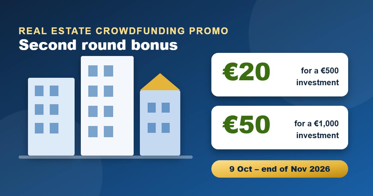 Illustration of apartment buildings with a 20 euro bonus for a 500 euro investment and a 50 euro bonus for a 1,000 euro investment, promotion running 9 October to end of November 2026